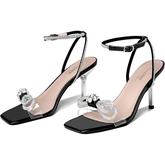 Women's Black+bl Closed Toe Rhinestone Wedding Low Slingback Clear Kitten Heels - Picture 9 of 9